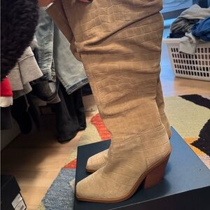 Vince Camuto Tan Croc-Embossed Knee-High Boots